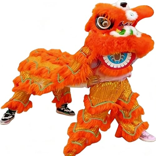 Quepiem Double Lion Dance Mascot Costume Traditional Chinese Lion Dance Head with Tail and Pants for 15+ Age Party Performance (Orange)