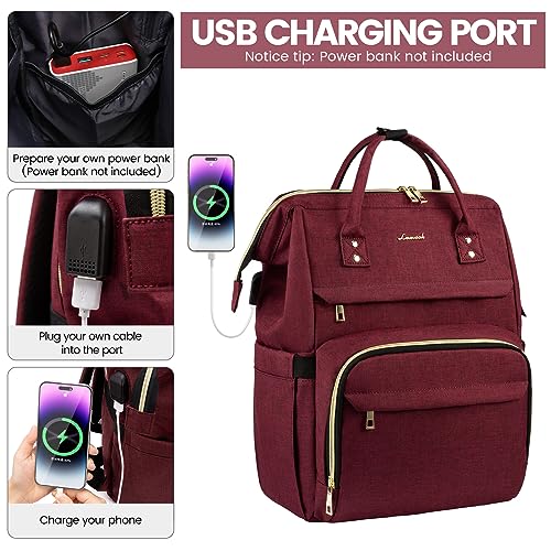 Image of LOVEVOOK Laptop Backpack for Women,15.6 Inch Professional Womens Travel Backpack Purse Computer Laptop Bag Nurse Teacher Backpack,Waterproof College Work Bags Carry on Back Pack with USB Port,Wine Red
