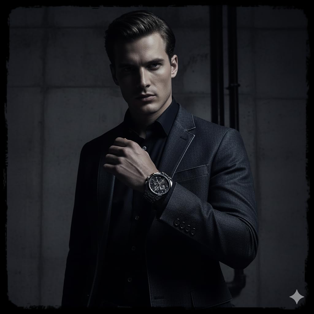 Modern Analog Watch, Silver and Black Two-Tone Stainless Steel Band, Octagonal Case, White Dial for Men