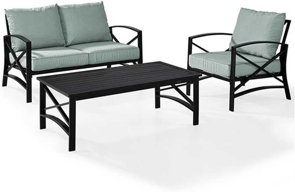 Pemberly Row 3-Piece Outdoor Sofa Set, Oil Rubbed Bronze Finish, Mist Green Cushions, Steel Frame, UV Moisture-Proof Covers, Includes Loveseat, Chair, Coffee Table, Weatherproof Patio Furniture