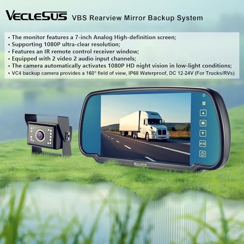 Image of Backup camere System for Truck, VECLESUS VBS 1080P 7-Inch Mirror Monitor Backup Camera System, HD IR Night Vision, Waterproof Rearview Camera,2 Video 2 Audio Inputs, for Trucks,RVs,Vans,SUVs and Cars