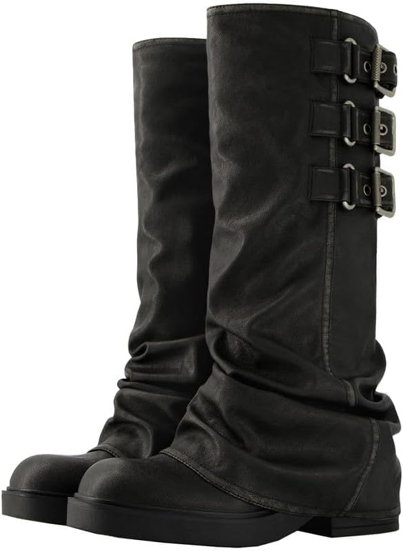 ClassicSter Fold Over Knee High Boots Slouch Boots for Women Chunky Goth Platform Boots,2 inch Heel Wide Calf Long Boots Square Toe Riding Boots - Image 3