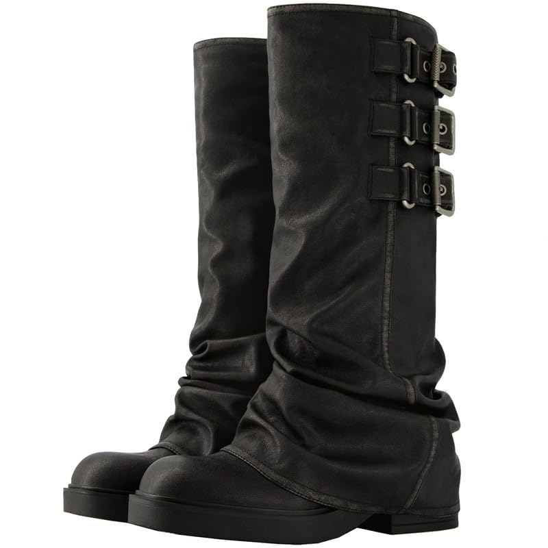 ClassicSter Fold Over Knee High Boots Slouch Boots for Women Chunky Goth Platform Boots,2 inch Heel Wide Calf Long Boots Square Toe Riding Boots2