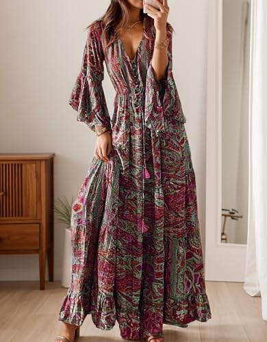 Women Long Flare Sleeve Boho Maxi Dress Casual Vintage Floral Print Button Up V Neck A Line Flowy Tunic Dress 20242
