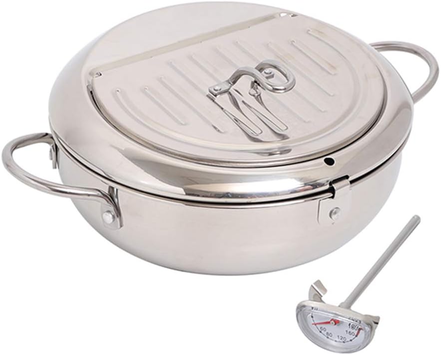 WSHA Deep Fryer Japanese Style Tempura Frying Pot with Thermometer and Oil Drip Drainer Rack, for Kitchen French Fries Shrimp Chicken,S