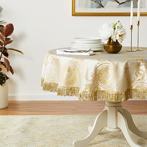 Violet Linen Prestige Damask Design Tablecloth Beige 60" Round #TOP5