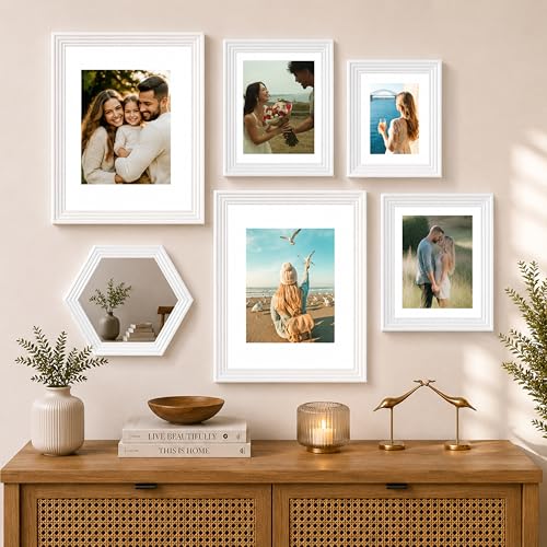 Image of Art Street White Gallery Wall Photo Frame Set with Hexagon Mirror | Modern Collage Timeline Wall Decor for Living Room, Bedroom & Family Memories | Multi Size Frame Set