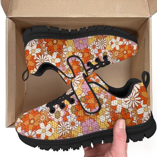 Boy Shoes Athletic Running Fashion Sneakers Walking Breathable Kids Girls Fitness Cross-Training Tennis Lightweight Shoes(Little Kid/Big Kid) Hippie Flowers Pattern2