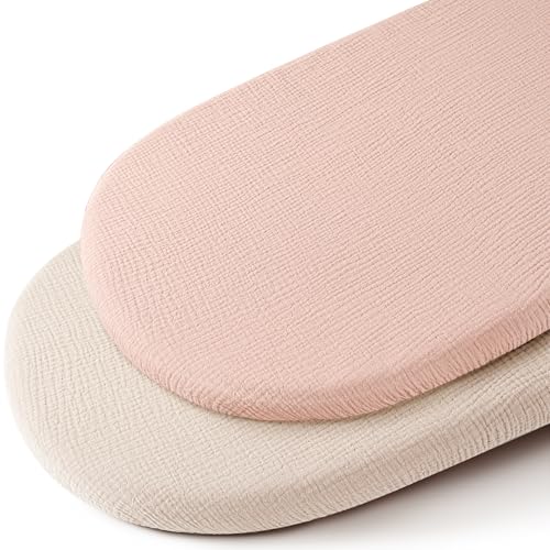 Image of Konssy 2 Pack Muslin Fitted Bassinet Sheets for Girl Boy, Soft Breathable Baby Bassinet Sheets Fit for Baby Bassinets, Cradle, Moses Basket Oval Rectangle Pad/Mattress (Pink,Summer Wheat)