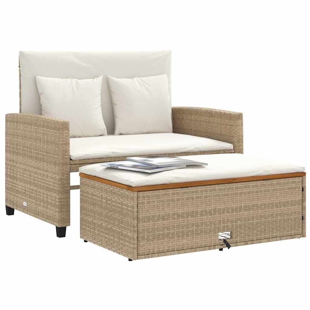 Sofá de jardín de 2 plazas beige de polirratán de madera de acacia con cojines y taburete, sofá cama plegable con espacio de almacenamiento, muebles de jardín resistentes a la intemperie para