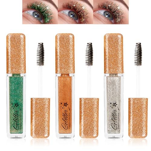 Máscara de pestañas con purpurina, 3 colores verde/oro/plata, volumen colorido, resistente al agua y duradera, máscara de pestañas voluminosa con brillo para maquillaje de ojos muy brillante, para