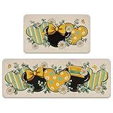 Tailus Spring Summer Kitchen Rugs Set of 2, Eucalyptus Leaves Daisy Flower Teal Yellow Stripes Kitchen Mats Decor, Butterfly Floor Door Mat Home Decorations -17x29 and 17x47 Inch