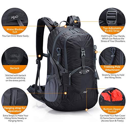 G4Free 45L Hiking Backpacks with Rain Cover Waterproof Trekking Backpack Travel Backpack Outdoor Camping Mountaineering Hiking for Men Women – Bild 6