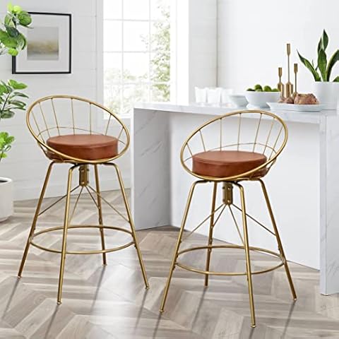 Awonde 26" Swivel Bar Stools Set of 2 Gold Metal Bar Chairs Upholstered Brown Faux Leather Counter Height Barstools with Backs Cover
