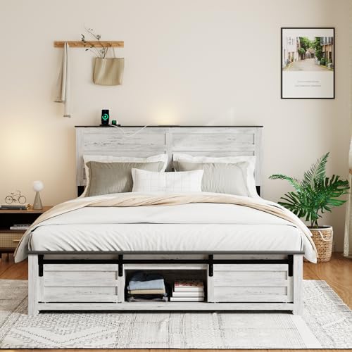 FSTAR Full Size Wooden Bed Frame with Headboard, Boho Bedframe
