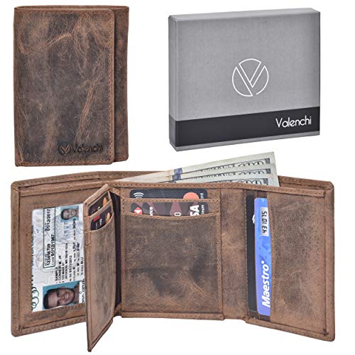 RFID Leather Trifold Wallet with 9 card slots,2 Note pocket coin pocket & ID window