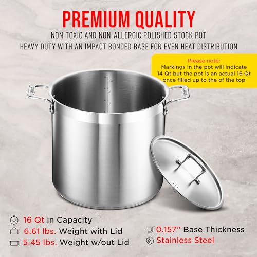 Stockpot – 16 Quart – Brushed Stainless Steel – Heavy Duty Induction Pot with Lid and Riveted Handles – For Soup, Seafood, Stock, Canning and for Catering for Large Groups and Events by BAKKEN - Image 4