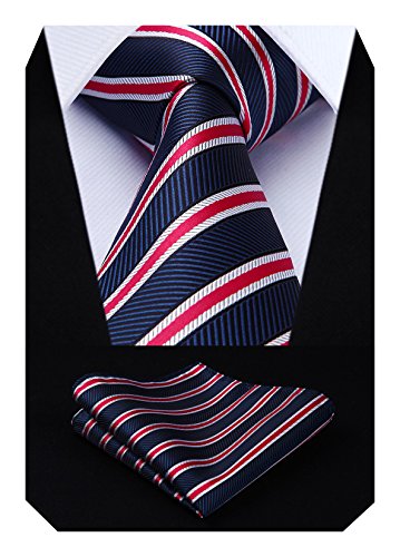 HISDERN Striped Wedding Tie Handkerchief Men's Necktie & Pocket Square Set (Navy Blue & Red)