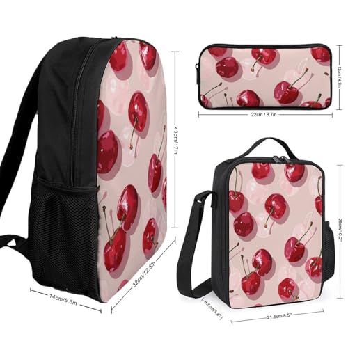 3 Piece Backpack for Women Men Lightweight Causal Daypack Shoulder Bag Set with Insulated Lunch Bag And Pencil Case Organizers With Cherry Pattern2