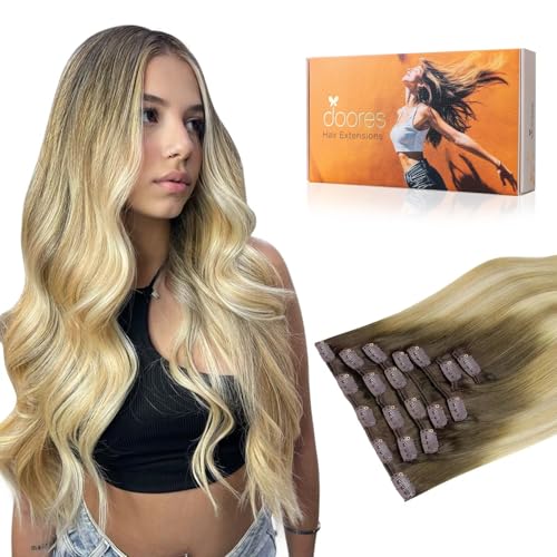 DOORES Hair Extensions Clip in, Light Ash Brown to Light