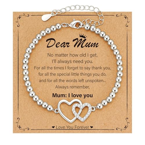 Image of Halora Birthday Gifts for Mum Women, Sterling Silver Bracelet for Women Adjustable Mum Bracelets Mothers Gifts Birthday Jewellery, Double Heart