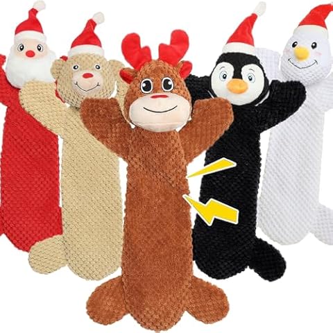 Senneny 5 PCS No Stuffing Dog Christmas Toys with Squeakers - Reindeer, Santa, Snowman, Bear and Penguin, Crinkle Xmas Plush Dog Toys for Large Medium Small Dogs, Durable Interactive Toys for Puppies Cover