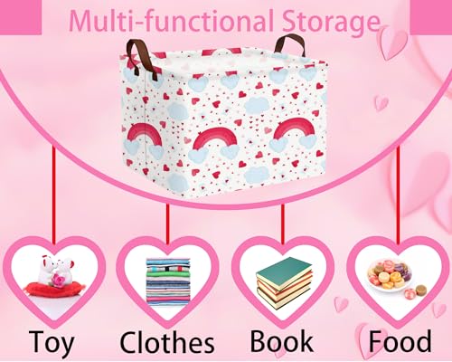 Image of Valentines Day Basket Large Foldable Heart Shaped Storage Box for Gifts Kids Empty Storage Bins Rectangular Toy Organizer Decor (Rainbow Love)