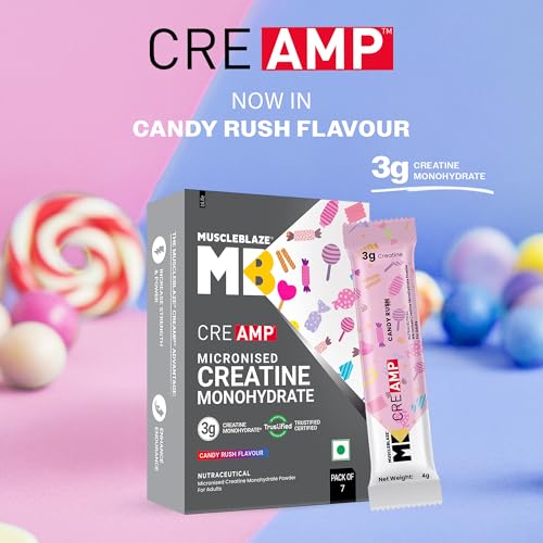 Image of MuscleBlaze Micronised Creatine Monohydrate CreAMP Powder, 7 Sachets | Candy Rush | Trustified Certified Creatine | Travel Pack