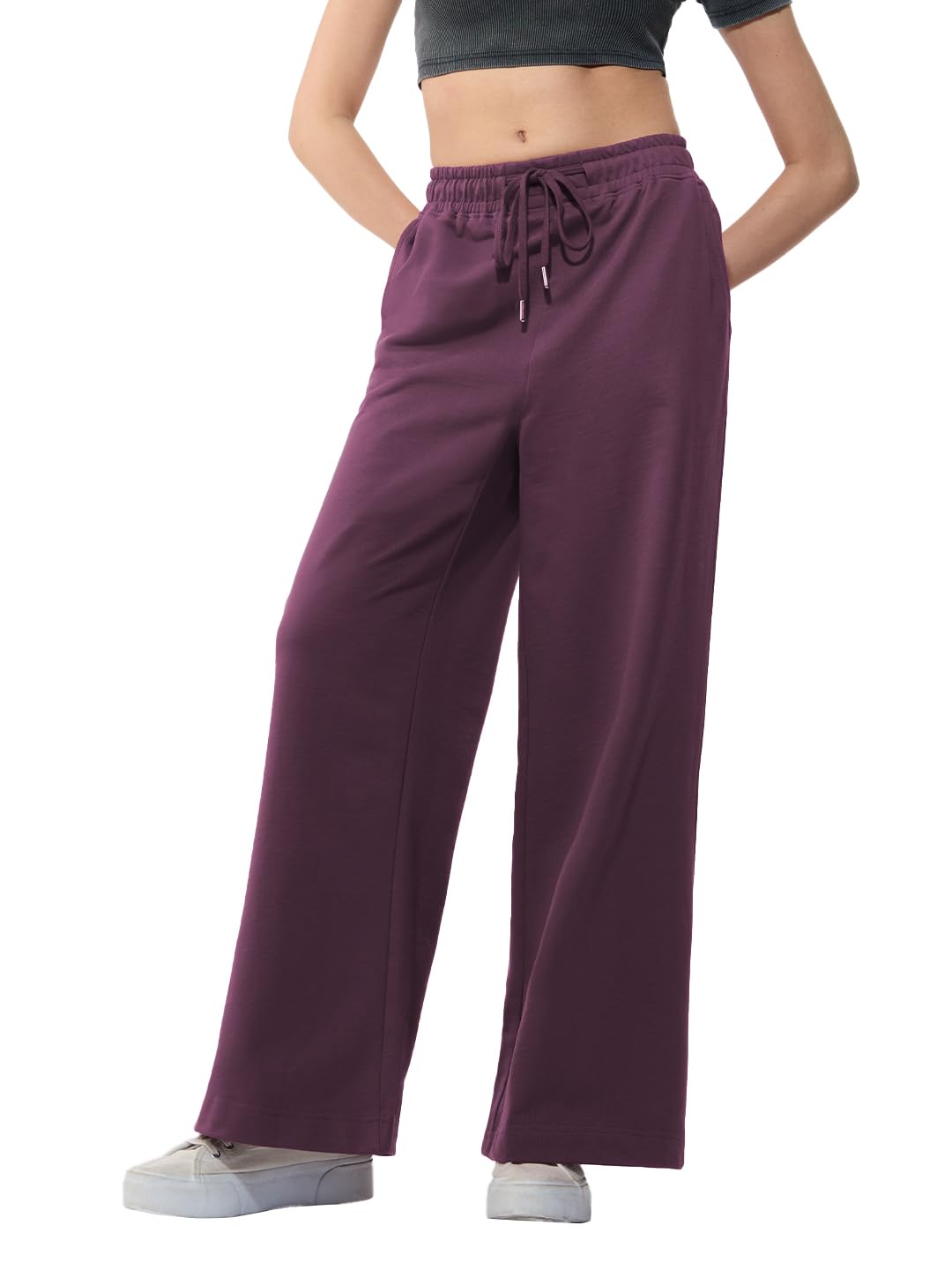 the souled store Flared Joggers: Orchid Women and Girls Drawstring Waist Solid Knit Cotton Flared Fit Two Side Pockets Lightweight All-Season Comfortable Athleisure Joggers-picture-38