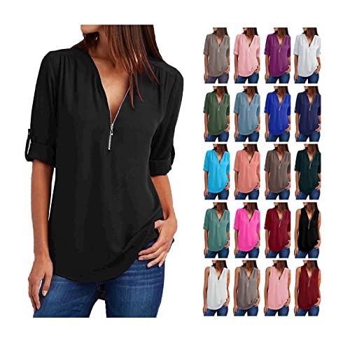 EMATOP Tunika Damen Sommer Chiffon Bluse Shirts Elegant Einfarbig T-Shirt...