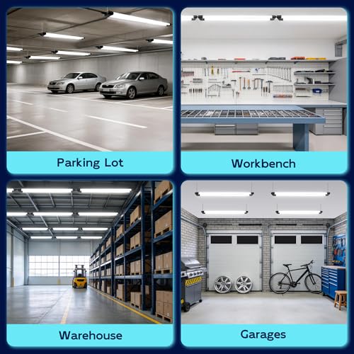 Image of hykolity 4FT 60W LED Shop Light,6500LM[450W Equivalent] 5000K Daylight | Plug-in Utility Linkable Shop Lights for Garage Workshop Warehouse Basement, Ceiling Hanging or Surface,Black,4 Pack