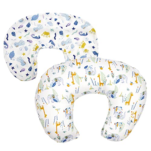 Image of Jomifin Infants Nursing Pillow for Breastfeeding, Bottle Feeding, Baby Awake-time Support, with 2 Removable Cotton Cover, Soft Machine Washable White Cute Animals Giraffes Elephants