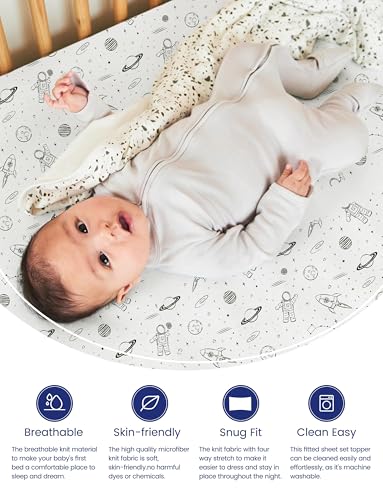 Image of TotAha Premium Soft Space Pack n Play Sheets, Super Stretchy Jersey Knit Mini Crib Sheets Fitted, Silky Comfort Graco Pack and Play Mattress Sheets, 2 Pack