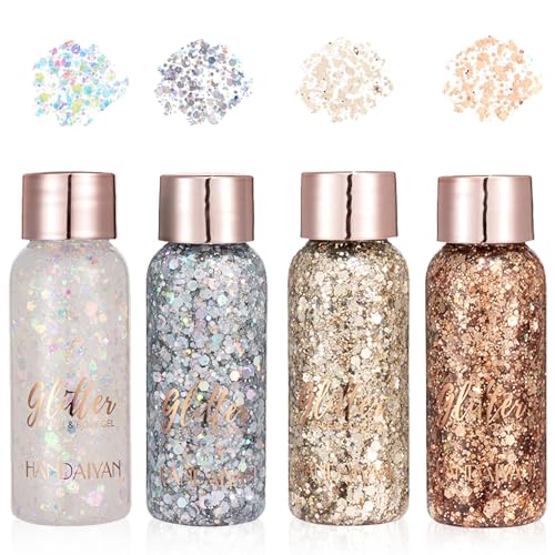 4 Stück Beliebte Farben Glitter Gel Mermaid Sequins Chunky Glitter Liquid Gel Gesicht Glitzer Gesicht Körper Glitzer Schminke für Masquerade Party (4 Beliebte Farben)