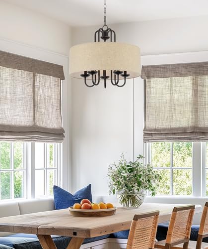 Image of Kira Home Gwenyth 20 inch Modern Farmhouse 5-Light Drum Chandelier with Oatmeal Linen Shade, Rustic Arched Metal Hanging Fixture, Oil Rubbed Bronze Finish