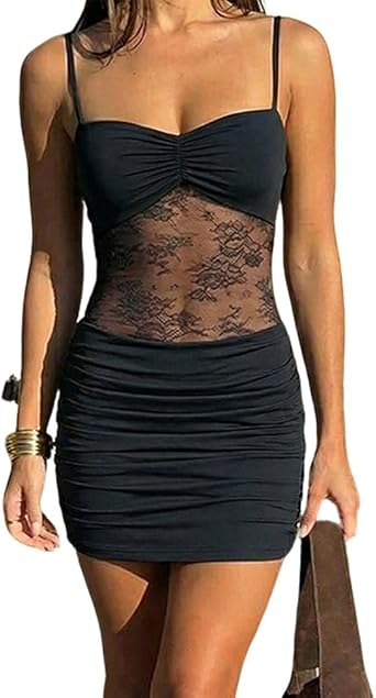 Women Y2k Spaghetti Strap Backless Slip Dress Sheer Floral Lace Panel Waist Ruched Bodycon Mini Dress Party