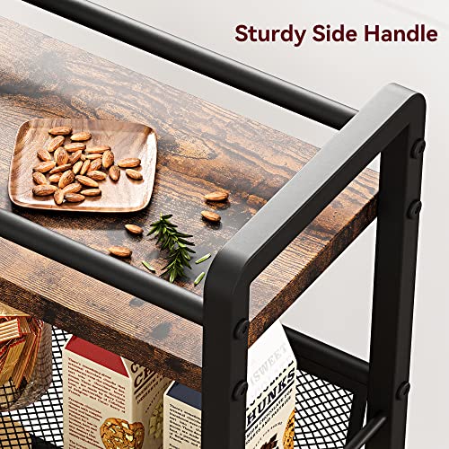 Slim Storage Cart, 4 Tier Kitchen Rolling Carts With Wheels, Rolling Storage Cart With Handles, Narrow Metal Mobile Utility Cart For Bathroom Laundry Office Small Places, Rustic Brown #TOP7