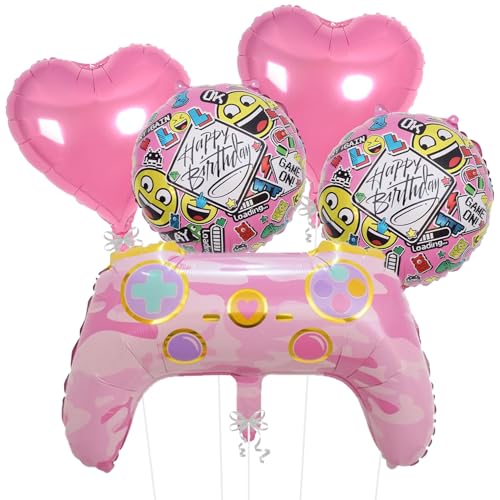 Image of Rozi Decoration Pink Birthday Balloon Set - 5 Pcs Includes Heart, Round & Gamepad Foil Balloons for Kids, Teens & Birthday Party Decorations