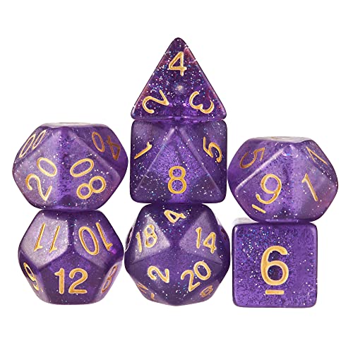 Wiz Dice Midnight Nebula Set of 7 Polyhedral Dice, Translucent Purple, Blue & Silver Glitter Tabletop RPG Dice with Clear Display Box