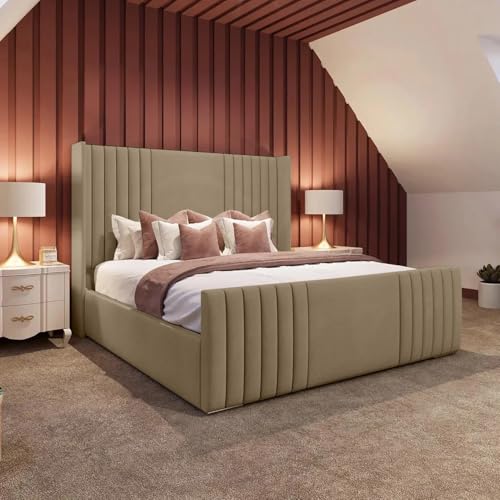 AL SULTAN 5FT King Luxury Upholstered Winged Bed With Wingback Headboard In Plush Velvet Mink Bed Wooden Slats - No Mattress - No Storage (Mink Plush, 5FT King Bed Frame Only)