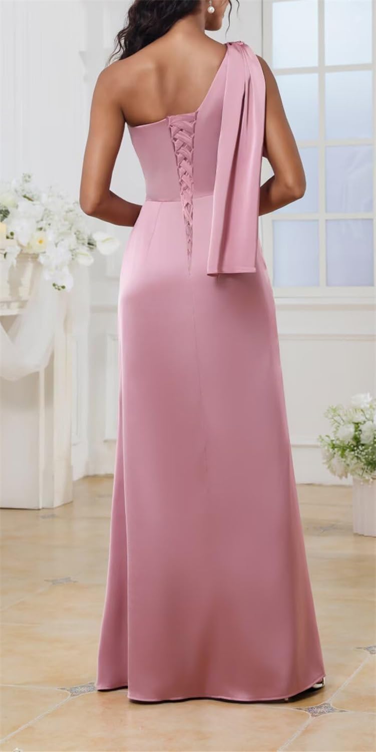 Vestido de dama de honor de satén con un hombro descubierto, plisado, sin mangas, vestido formal de noche para fiesta