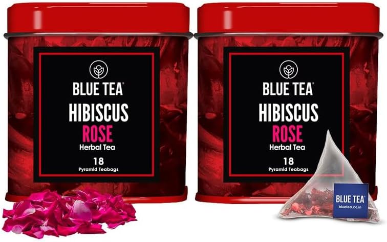 BLUE TEA - Hibiscus Rose Herbal Tea - 36 Biodegradable Tea Bags (Pack Of 2) | SKIN GLOW ENHANCING TEA | Caffeine-Free | Hibiscus + Rose | Vegan - Gluten Free - Non-GMO | Tin Packing (18X2)