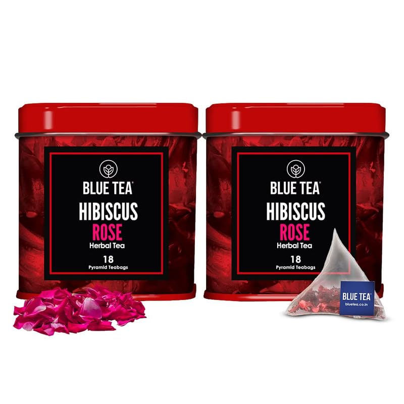 BLUE TEA - Hibiscus Rose Herbal Tea - 36 Tea Bags (Pack Of 2) | SKIN GLOW ENHANCING TEA | Caffeine-Free | Hibiscus + Rose | Vegan - Gluten Free - Non-GMO | Tin Packing (18X2)