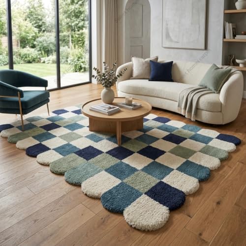 Image of SWEET HOMES Handwoven Shaggy Checkered Area Rug | Ultra Soft Plush Irregular Carpet with Anti-Skid, 6 x 10 Feet (183 x 305 cm), Multi Blue