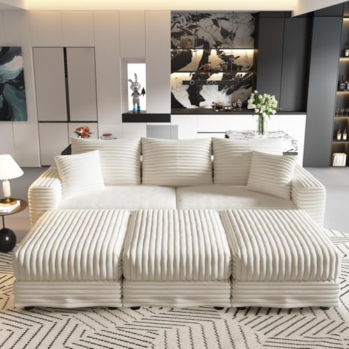 82.7" Plush Corduroy 3-Seat Sofa with Ottomans & Pillows