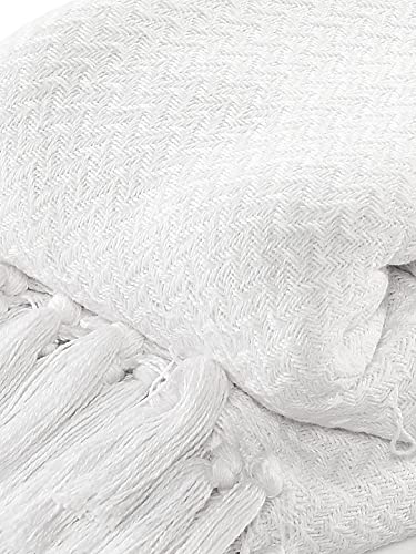 Image of SASHAA WORLD Cotton Chevron Throw Blanket Handwoven with Fringes, XL Sofa Throw Blanket /Bedcover (170x250 cm, White)