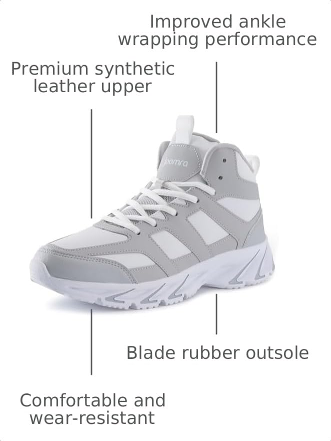 Image of Joomra Mens High Top Shoes for Man Size 13 Basketball Walking Hi Mid Tennis Sneakers Cushion Fashion Casual Outdoor Gym Grey White 48