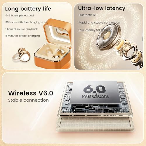 Image of Clip On Ear Headphones with a Makeup Mirror, Open Ear Earbuds Wireless Bluetooth Earbuds,Ultra-Long Battery Life, for Android /iOS Phones (Orange Color)
