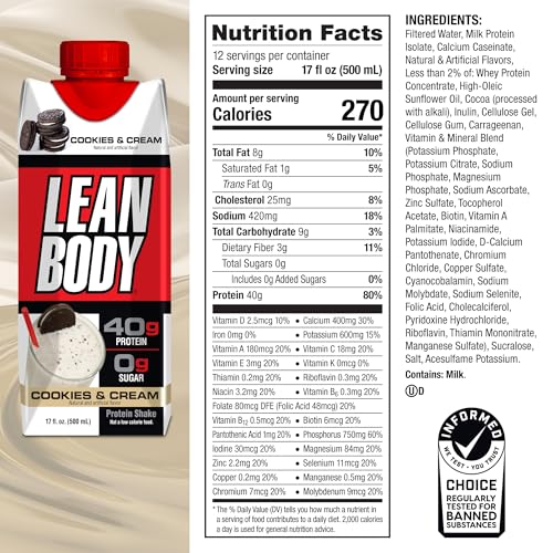 Image of Labrada Lean Body Ready-to-Drink Cookies and Cream Protein Shake, 40g Protein, Whey Blend , 0 Sugar, Gluten No, 22 Vitamins & Minerals, (Recyclable Carton & Lid - Pack of 12) LABRADA , 17 Fl Oz (Pack of 12)