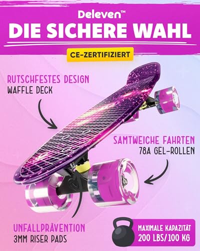 Deleven Skateboard mit Tragetasche, LED Rollen, Skate Tool und ABEC 7 Lager - Kinder Erwachsene Anfänger - 56 cm